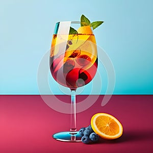 Red wine spanish traditional fruity sangria gourmet cocktail drink on a trendy colorful background, copy space for text. Red