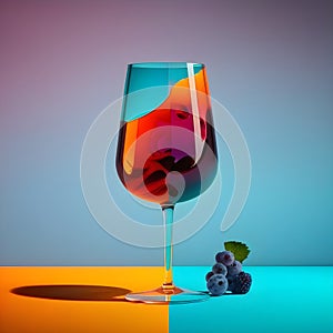 Red wine spanish traditional fruity sangria gourmet cocktail drink on trendy colorful background, copy space for text. Red summer