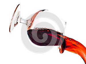 Red wine spilling from a transparent glass