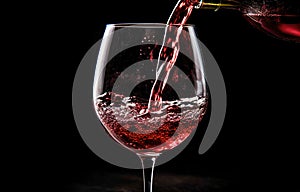 Red wine splashing out of a glass, on black background