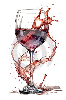 Red wine splashing out of a glass, isolated on white background. Watercolor illustration