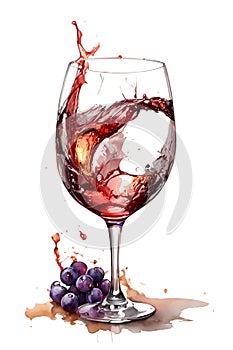 Red wine splashing out of a glass, isolated on white background. Watercolor illustration