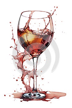 Red wine splashing out of a glass, isolated on white background. Watercolor illustration