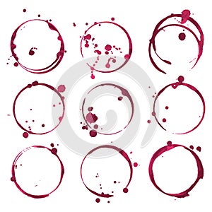 Red wine stains. Traces wine splashes set. Vector.