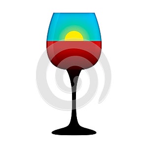 Red wine and sun in a wine glass with black long stem. Abstract vector clipart. Illustration Ð¾n blank white background.