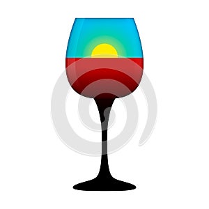 Red wine and sun in a wine glass with black long stem. Abstract vector clipart. Illustration ÃÂ¾n blank white background.