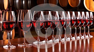 Red wine tasting cellar, barrels background