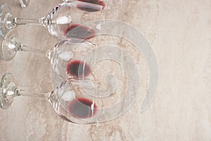 Red wine in transparent wine glasses on a betton background with space. Bojole nouveau, wine bar, winery, winemaking, wine tasting