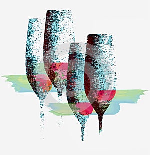 Red wine in wine glasses is seen withy lots of texture and grunge on a white background