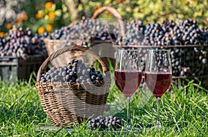 Red wine. Wine tasting culture. Dessert red wine in the wineglass in summer day