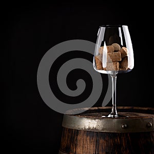 Red wineglass with wine corks on old wine barrel