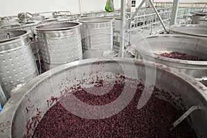 Red winegrapes in open fermenters