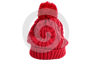 Red winter bobble ski hat isolated white