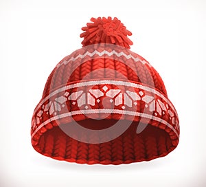 Red winter knitted hat. Vector icon