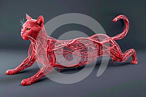 Red Wireframe Geometric Cat Sculpture on Grey Background Modern Art Conceptual 3D Illustration