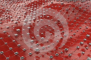Red wireframe metallic cubes mesh with ball wave landscape abstract background. Big data 3d illustration.