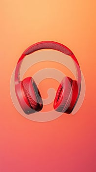 Red wireless headphones floating on gradient background
