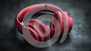 Red wireless over-ear headphones on dark surface.