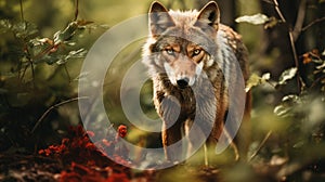 Red wolf(Canis rufus) in nature in the forest is a rare animal. Save the red wolf. Wide photo. Photo Ai generated