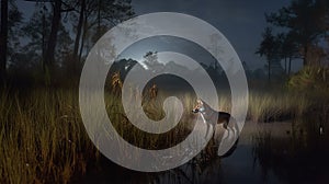 Red Wolf\'s Moonlit Howl in the American Wetlands