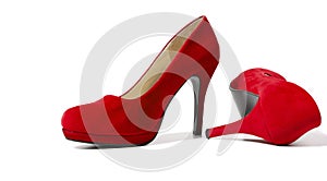 Red Woman Fashion High Heels Shoes Isolated On White Background. Closeup women bright summer footwear. Shopping and Fashion