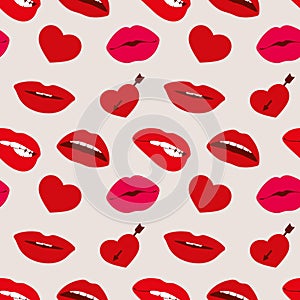 Red woman lips and hearts vector seamless pattern