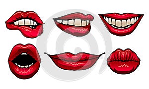 Red Woman Lips Showing Different Emotions Vector Illustrated Set