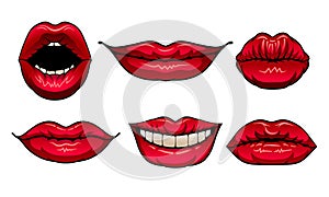 Red Woman Lips Showing Different Emotions Vector Illustrated Set photo