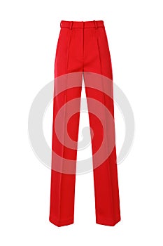 Red women`s classic pants on white background