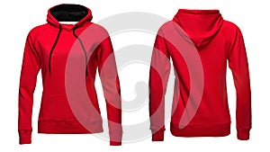 Red women`s hoodies, sweatshirt mockup, isolated on white background photo