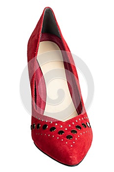 Red women`s shoes on a white background. Suede shoes. Stylish and sexy shoes