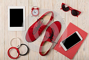 Red women shoes oxfords, bracelets and sunglasses, smartphone an