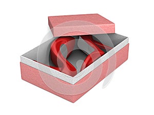 Red women shoes into pink box on white background. Isolated 3d illustration