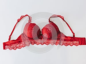 Red women underwear with lace isolated on white background. red bra and pantie.Copy space.