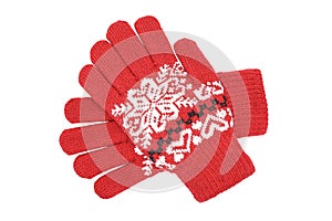 Red womens knitted wool winter gloves with pattern isolated on white background