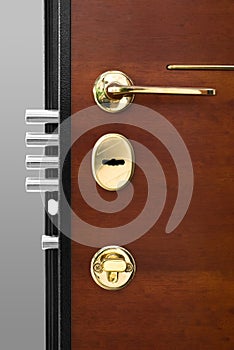 Red Wood Door With Gold Lock And Handle