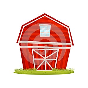 Red wooden barn and green lawn. Large farm building. Rural architecture. Countryside theme. Cartoon vector design