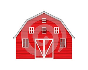 Red wooden barn isolated on white background. Farm warehouse with big door and windows. Front view. Vector cartoon