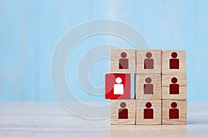 Red wooden block with white person icon on the building. People, Business, Human resource management, Recruitment, Teamwork,