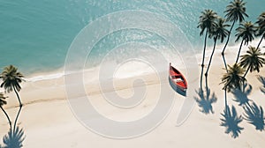 Red wooden boat and palm trees casting shadows on a sand beach, on a warm sunny day. Calm turquoise sea. Generative AI