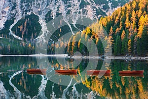 Red wooden boats on Braies lake at sunrise in autumn in Dolomites