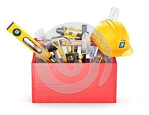 Red wooden box full of tools