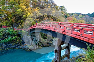 Red wooden bridge name of Shinkyo Bridge at Nikko