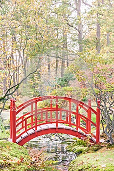 Red wooden bridge over small creek in a Japanese garden