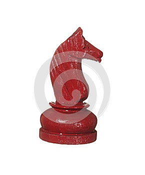 Red wooden chess knight figure isolated on white background.