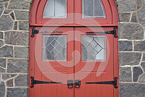 Red wooden church door