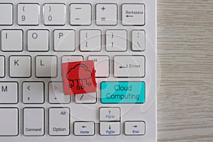 Red wooden cube with cloud icon and keyboard with text Cloud Computing