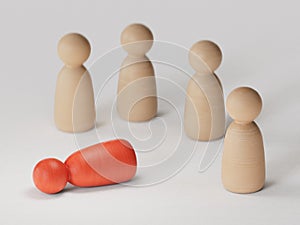 Red wooden doll figure laid on the ground. Layoff. jobless and firing someone concept.3D rendering on white background.