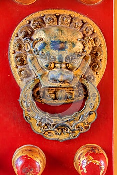 Red wooden door fragment with a lion figurine knocker in the For