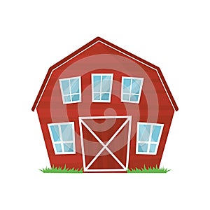 Red wooden farm barn with big windows for keeping animals or agricultural equipment. Cartoon rural building. Countryside